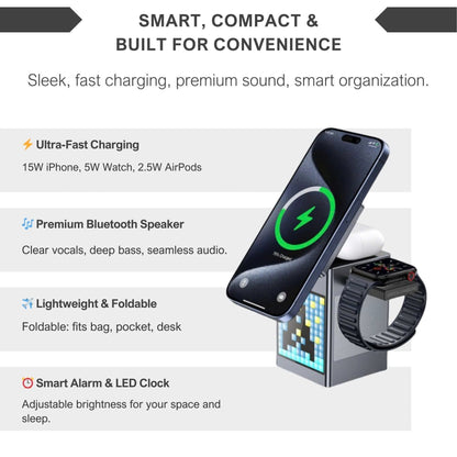 Alpohub™ 6-in-1 Magnetic Wireless Charger with Bluetooth Speaker & Alarm Clock